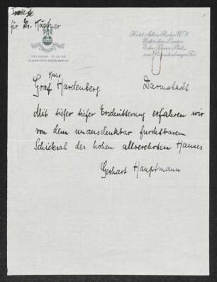 Brief von Gerhart Hauptmann an Kuno Ferdinand von Hardenberg