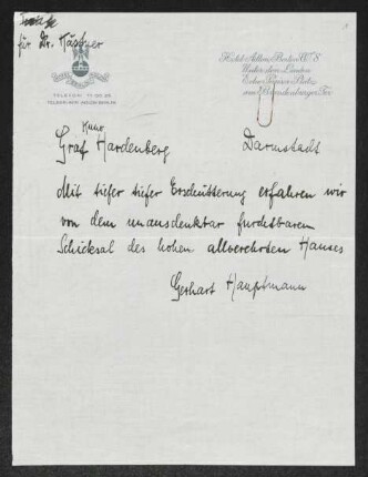 Brief von Gerhart Hauptmann an Kuno Ferdinand von Hardenberg