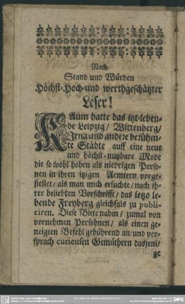 Nach Stand und Würden Höchst-Hoch-und werthgeschätzter Leser!