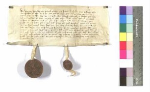 Samstag nach Gertrudie; Ulrich von Hohenlohe, von Braunecke genannt, und seine Frau Lyse, seine Hausfrau verkaufen an Irmgard von Nassau ihren Eigenmann Neinrich Scheugen von Treffental; Siegel: Ulrich von Hohenlohe und Frau Lyse.