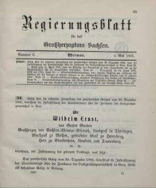 32. Gesetz über die definitive Fortgeltung des provisorischen Gesetzes vom 29. Dezember 1906, betreffend die Inkraftsetzung des Staatsvertrags über die Fortdauer der Landgerichtsgemeinschaft in Gera