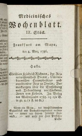 IX. Stück. Frankfurt am Mayn, den 4. Merz 1786. - XIII. Stück. Frankfurt am Mayn, den 1. April 1786.