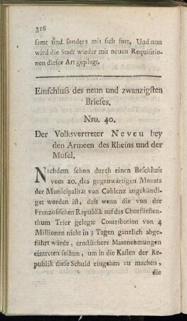 Einschluss des neun und zwanzigsten Briefes