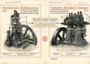Gaskraft- (Sauggas-) Anlagen Bauart Güldner zum Betriebe mit Braunkohlen-Industriebriketts, Kleinanthrazit, Koks und anderen Kohlenarten. / Gleichdruck-Rohölmotoren Bauart Güldner zum Betriebe mit rohen Erdölen und anderen billigen Treibölen (Paraffinöl, Solaröl, Gasöl u. dgl.)