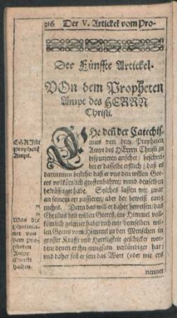 Der Fünffte Artickel. Von dem Propheten Ampt des Herrn Christi.