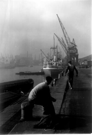 Hamburg. Hafen. Hafenarbeiter auf dem Kai. Im Hintergrund wird ein Frachtschiff entladen.