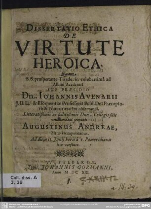 Dissertatio ethica de virtute heroica