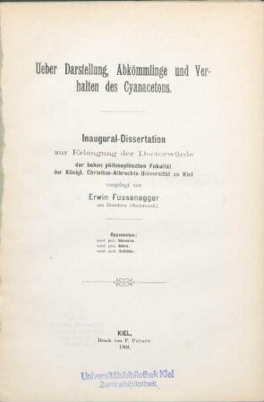 Ueber Darstellung, Abkömmlinge und Verhalten des Cyanacetons