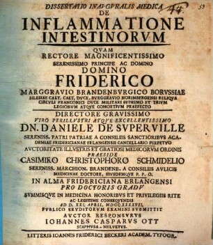 Dissertatio Inavgvralis Medica De Inflammatione Intestinorvm