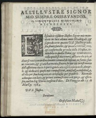 Dedikation an Cavaliere Hieronimo Michelozzi von Cristofano Malvezzi, Venedig 15. März 1584
