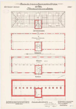Infanteriekaserne auf dem Puhnberge, Glatz Montierungskammer: Grundriss Fundamente und Bankett, Erdgeschoss, Obergeschoss, Dachgeschoss 1:100