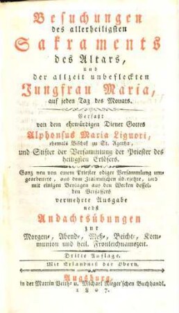 Besuchungen des allerheiligsten Sakraments des Altars, und der allzeit unbefleckten Jungfrau Maria, auf jeden Tag des Monats