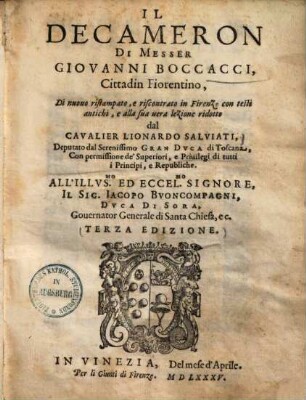 Il decameron di Messer Giovanni Boccacci : Di nuovo ristampato e riscontrato in Firenze con testi antichi, & alla sua vera lezione ridotto