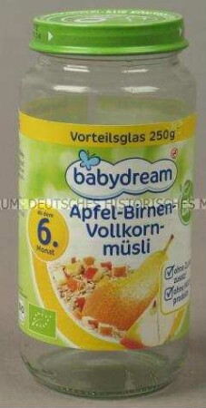 Babynahrung: Apfel-Birnen-Vollkornmüsli, Glas mit Deckel, leer