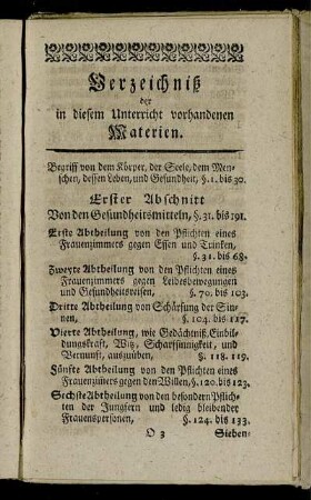Verzeichniß der in diesem Unterricht vorhandenen Materien.