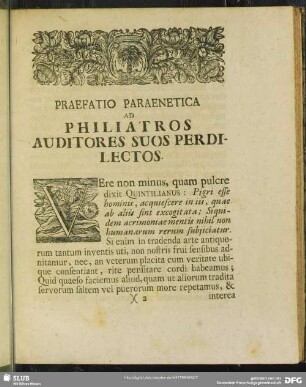 Praefatio Paraentetica Ad Philiatros Auditores Suos Perdilectos