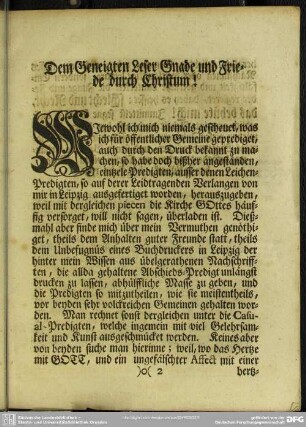 Dem Geneigten Leser Gnade und Friede durch Christum!