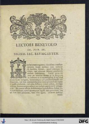 Lectori Benevolo Sal. Plur. Dic. Sigism. Iac. Baumgarten.