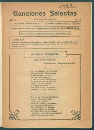 Mi pampa argentina : Estilo criollo tradicional. Especial para "Canciones selectas"
