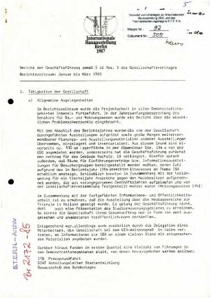 Bericht der Geschäftsführung: Bauausstellung Berlin GmbH Januar bis März 1985