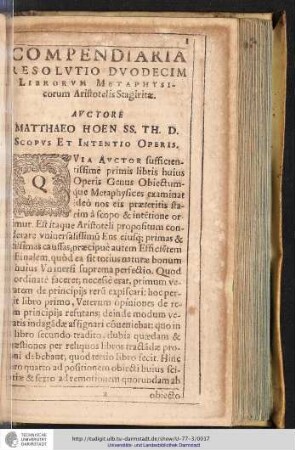 Compendiaria Resolvtio Dvodecim Librorvm Metaphysicorum Aristotelis Stagiritæ. Part Tertia