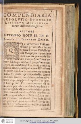 Compendiaria Resolvtio Dvodecim Librorvm Metaphysicorum Aristotelis Stagiritæ. Part Tertia
