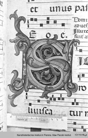 Buchseite mit Text, Neumen und Rankeninitiale S - Corale