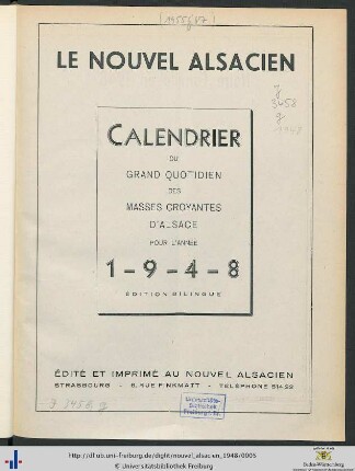 Le nouvel Alsacien: calendrier du grand quotidien des masses croyantes d'Alsace: ... pour l'année 1948