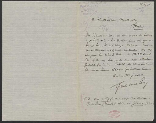Brief an B. Schott's Söhne : 15.03.1915
