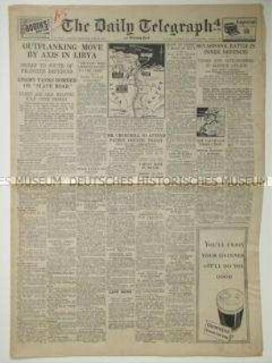 Britische Tageszeitung "Daily Telegraph" mit einem Bericht über die Kämpfe in Nordafrika und Nachrichten von verschiedenen Kriegsschauplätzen