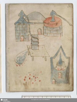 3r: 2 kolorierte Federzeichnungen: alchemistische Geräte