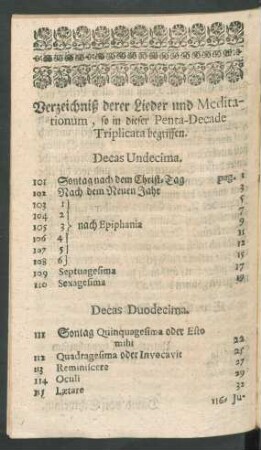 Verzeichniß derer Lieder und Meditationum, so in dieser Penta-Decade Triplicata begriffen.