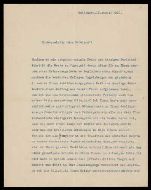 Brief von Konrad Beyerle an Otto von Gierke, Göttingen, 19.8.1910