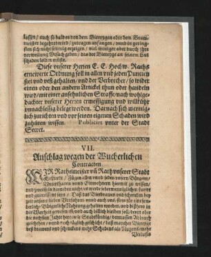 VII. Anschlag wegen der Wucherlichen Contracten.