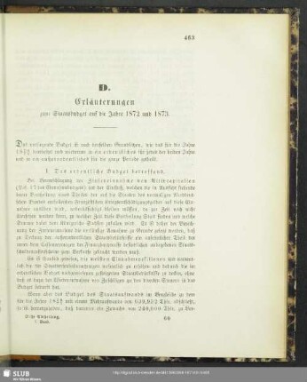 D. Erläuterungen zum Staatsbudget auf die Jahre 1872 und 1873