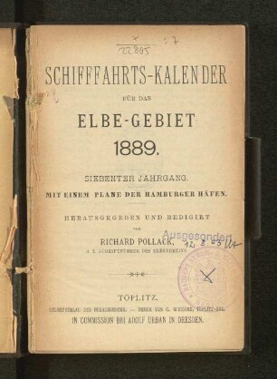 Schifffahrts-Kalender für das Elbe-Gebiet 1889. Siebenter Jahrgang.