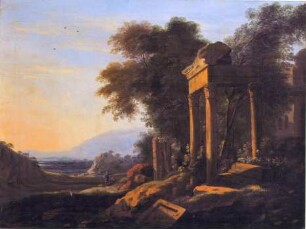 Tempelruine in Abendsonne vor südlicher Landschaft
