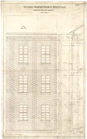 Billing, Hermann; Singen; Krankenhaus - Hauptfassade (Teilansicht); Schnitt