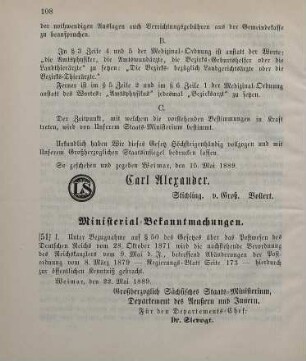 51. Ministerial-Bekanntmachung, die Abänderung der Postordnung vom 8. März 1879 betreffend