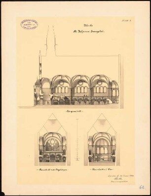 Kirche St. Johann-Evangelist, Berlin-Mitte: Längsschnitt, 2 Querschnitte