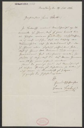 Brief an Franz Schott und B. Schott's Söhne : 29.07.1856
