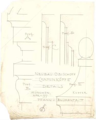 Pfann, Paul; München, Möhlstr.; Wohnhaus O. Bischoff - Kaminköpfe u. Profile (Details, Schnitte)