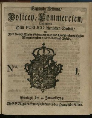 Nro. I, Montags, den 4. Januarii 1734