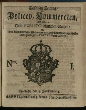 Nro. I, Montags, den 4. Januarii 1734