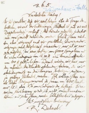 Brief an die Buchhandlung des Waisenhauses Halle a.d.S.