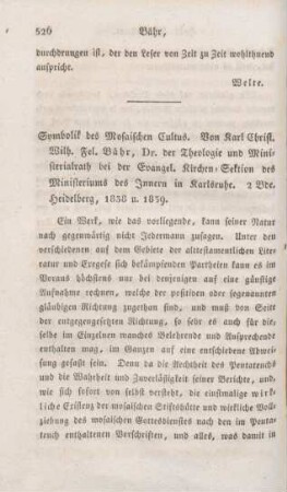 526-538 [Rezension] Bähr, Carl Christian Wilhelm Felix, Symbolik des Mosaischen Cultus