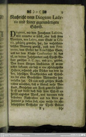 Nachricht vom Diogene Laertio und seiner gegenwärtigen Schrift