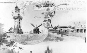 Dresden-Gönnsdorf. Windmühle, Ausschnitt aus Postkarte mit Ortsansichten, Repro