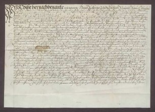 Hans Becker, Schultheiß, und genannte Mitglieder des Gerichts zu Knaudenheim beurkunden eine Gültverschreibung des Martin Fanck über 20 Gulden gegenüber Johann Rehm, Kirchenkollektor am Bruhrain.
