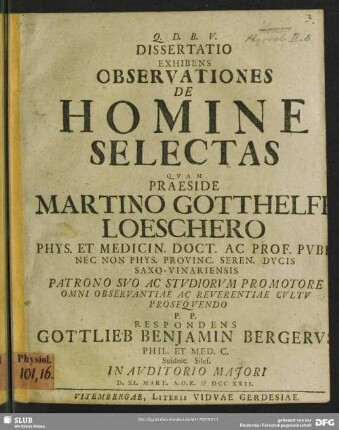 Dissertatio Exhibens Observationes De Homine Selectas